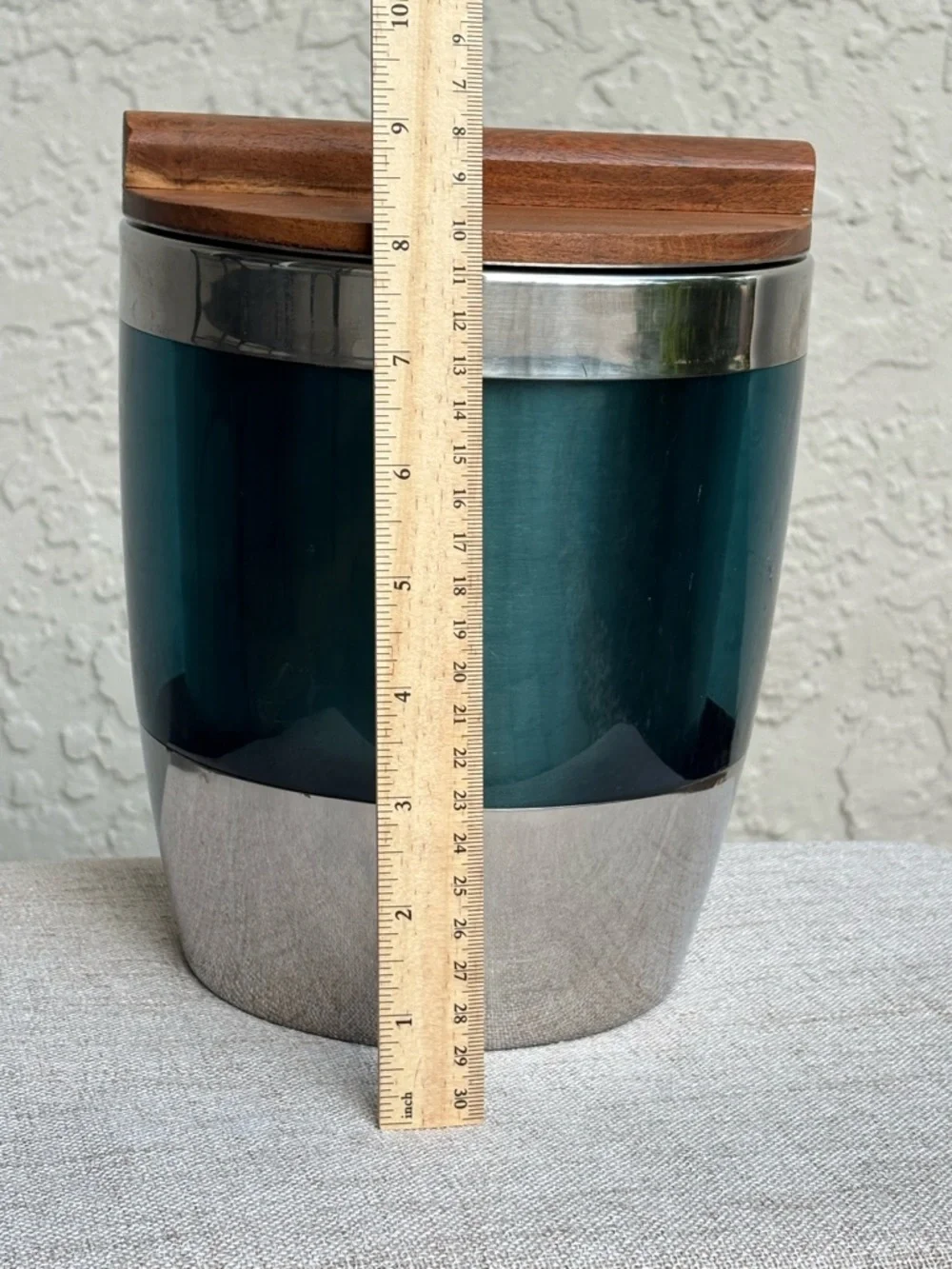 Mid Century Modern Ice Bucket Teal Stainless Steel Wood Lid Barware